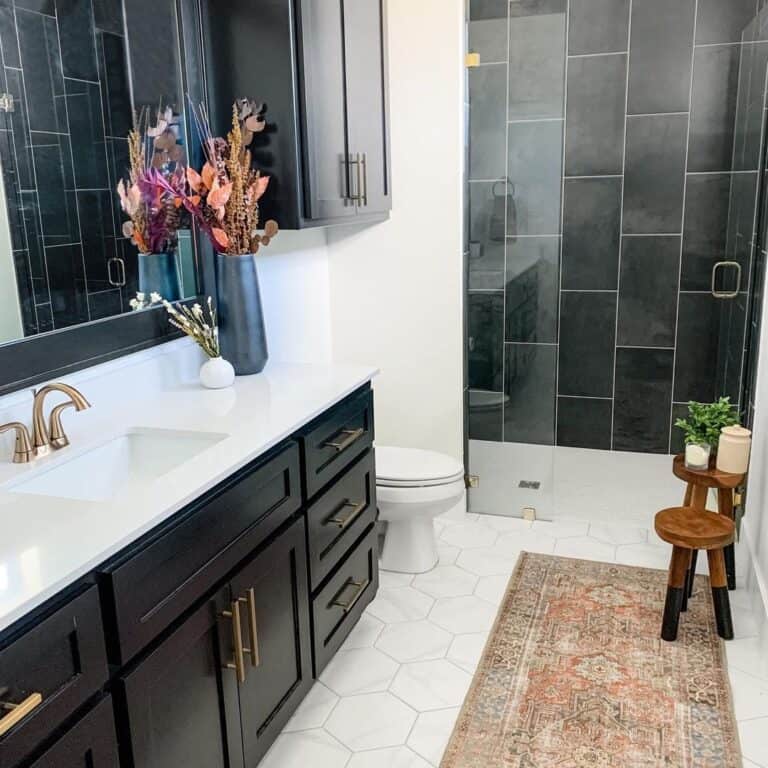 White Hexagon Tile and Large Black Vertical Shower Tile