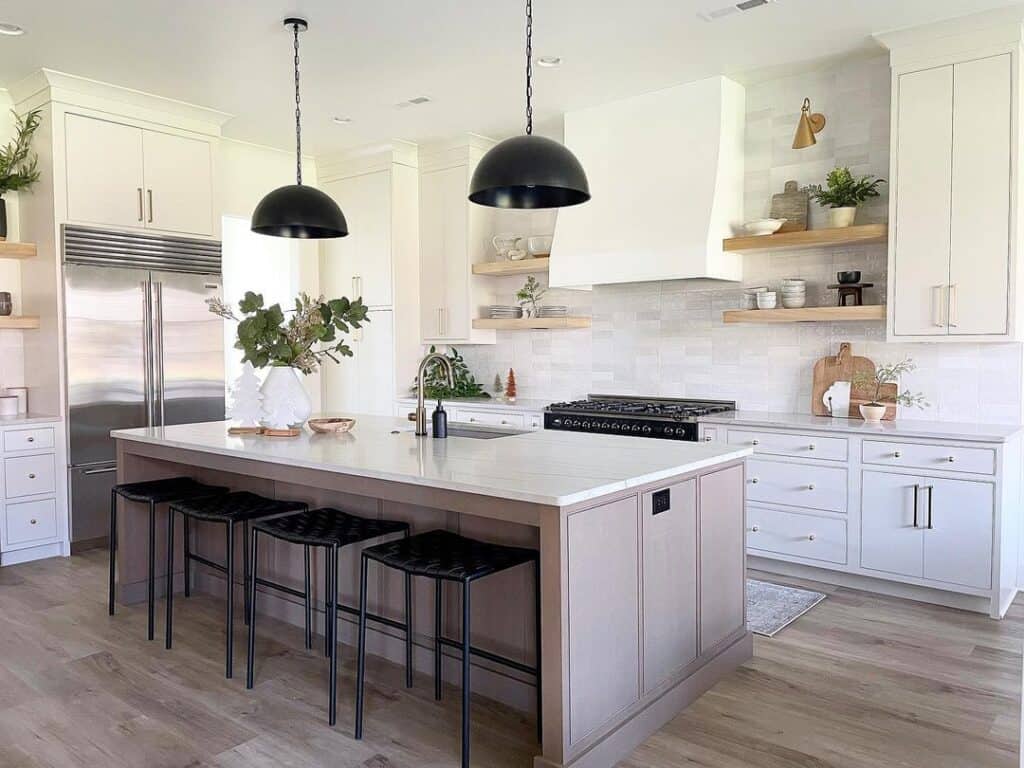 White Hood Vent with White Oak Floating Shelves