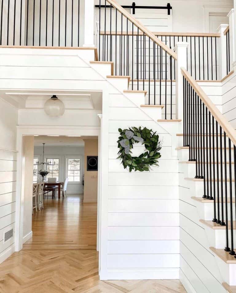 White Horizontal Shiplap Farmhouse Staircase