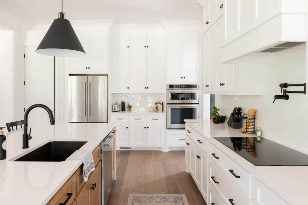 White Kitchen Cabinets with Above Fridge Cabinet