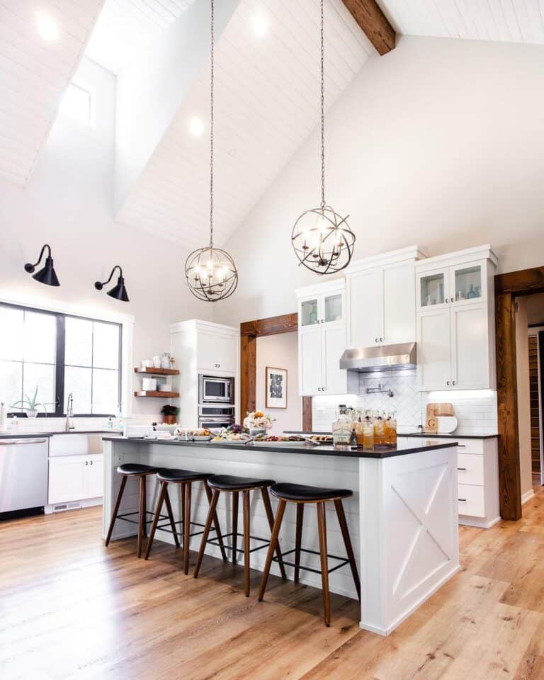 White Kitchen Island in Vaulted Ceiling Room