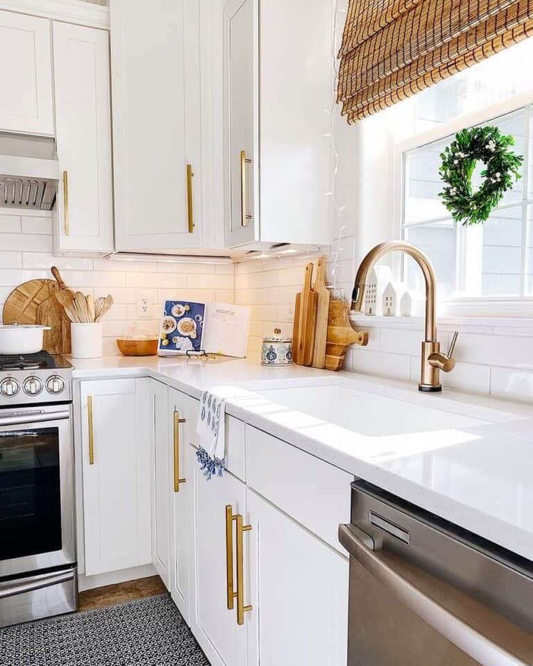 White Kitchen Sink with Gold Faucet