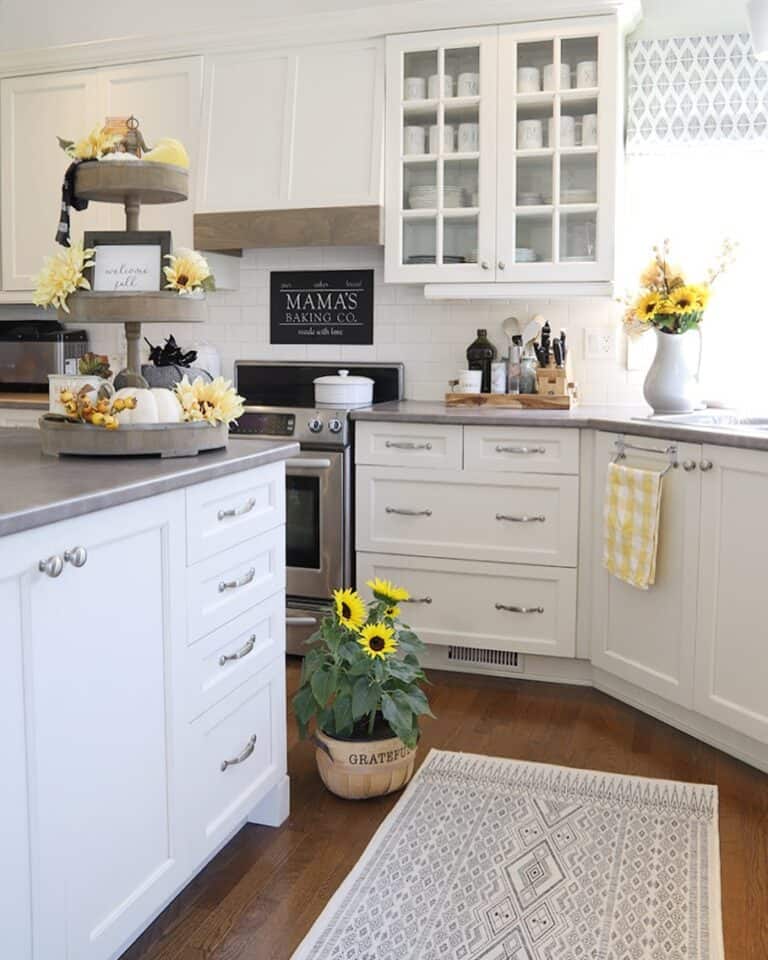 White Kitchen with Rustic Charm and Sunflowers