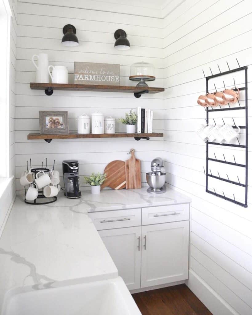 White Kitchen with Wooden Shelving and Coffee Station