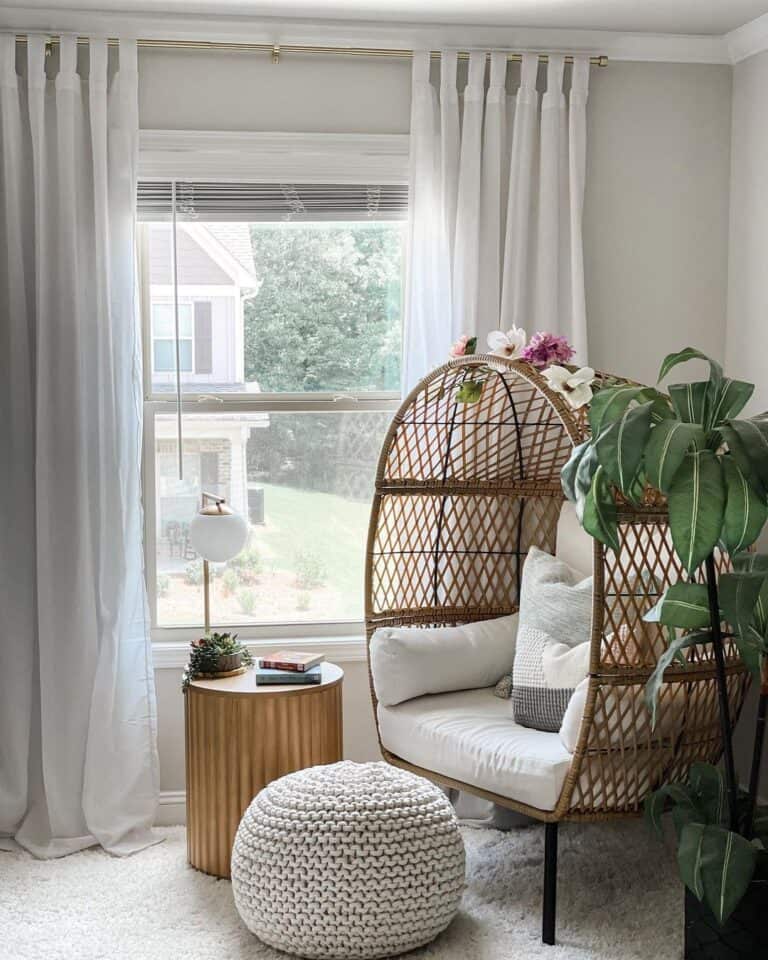White Living Room Curtains with Gold Rod