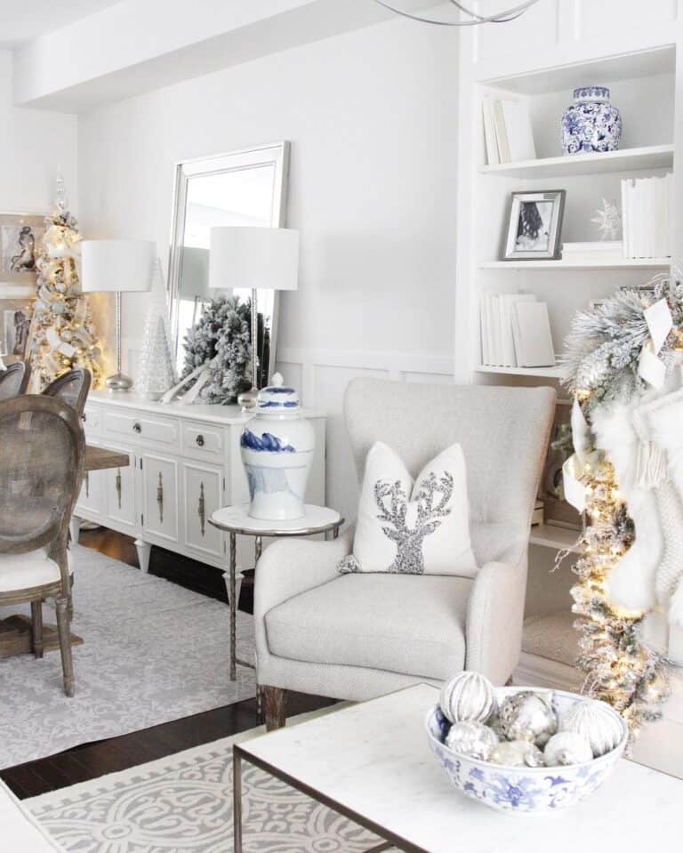 White Living Room with White Farmhouse Sideboard