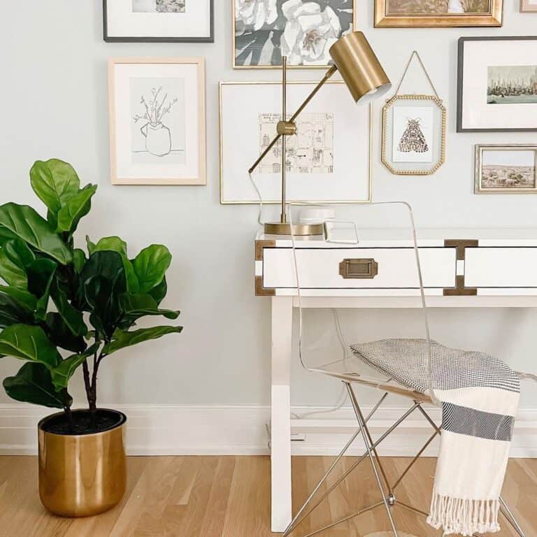 White Modern Desk With Drawers and a Gallery Wall
