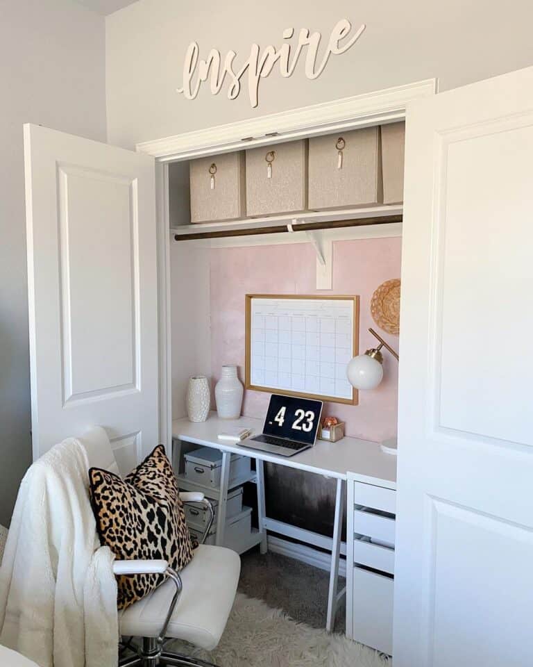 White Modern Desk With Drawers in a Closet Office