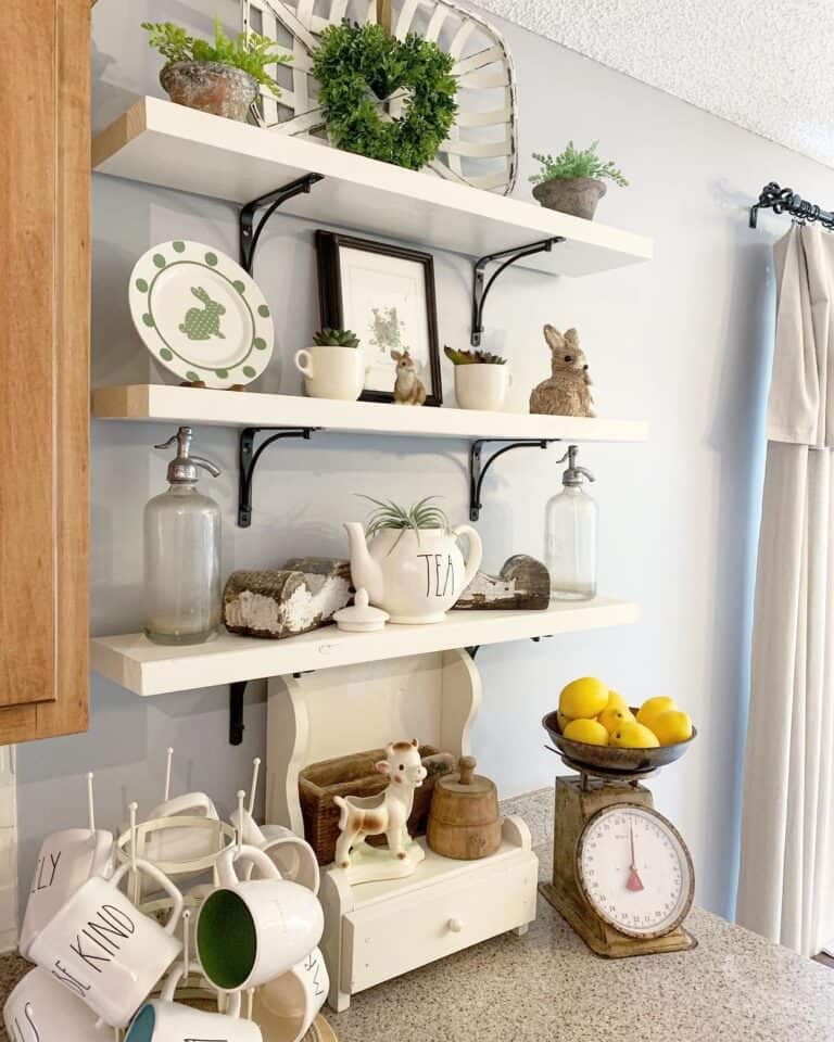 White Open Shelving in Gray Kitchen