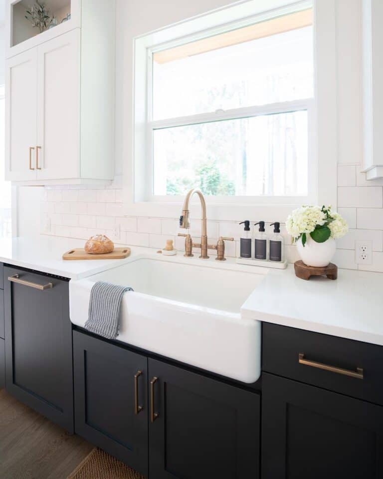 White Oversized Sink with Gold Kitchen Faucet