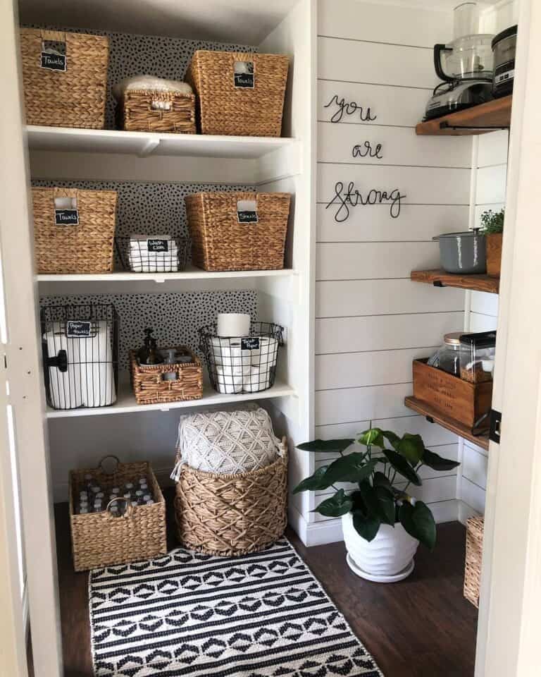 White Pantry Shelves with Woven Baskets