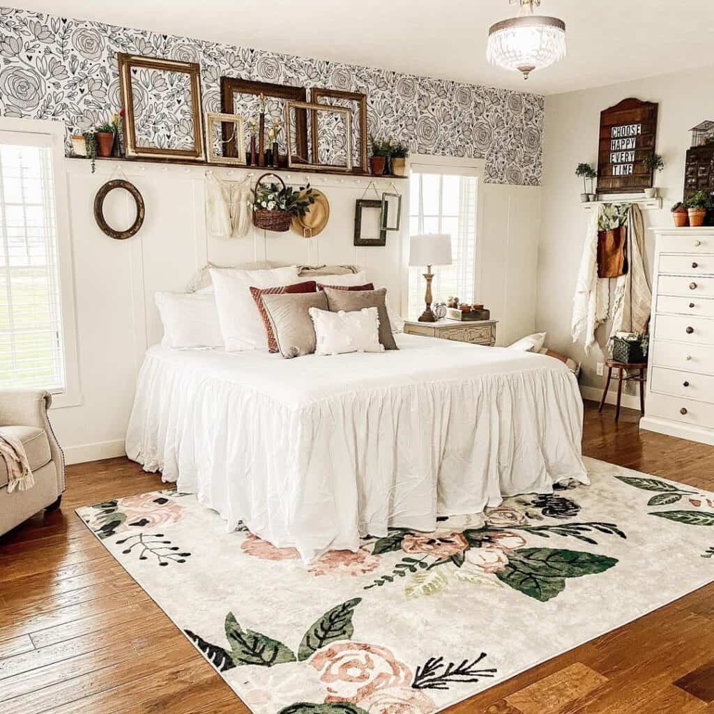 White Rug Covered With Pink Roses on Warm Wood Floor