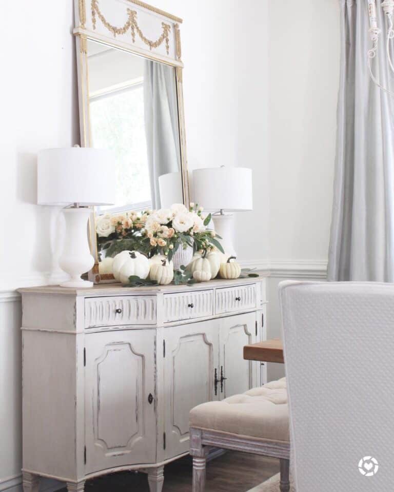 White Rustic Farmhouse Sideboard with Large Mirror