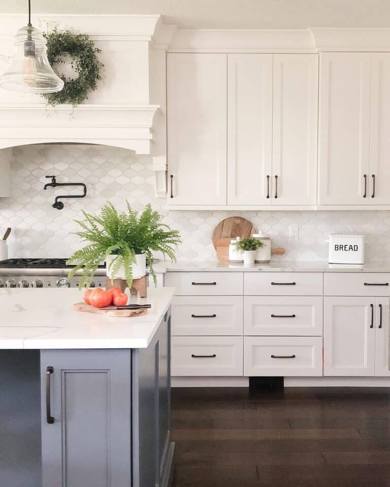 White Shaker Cabinets with Gray Kitchen Island