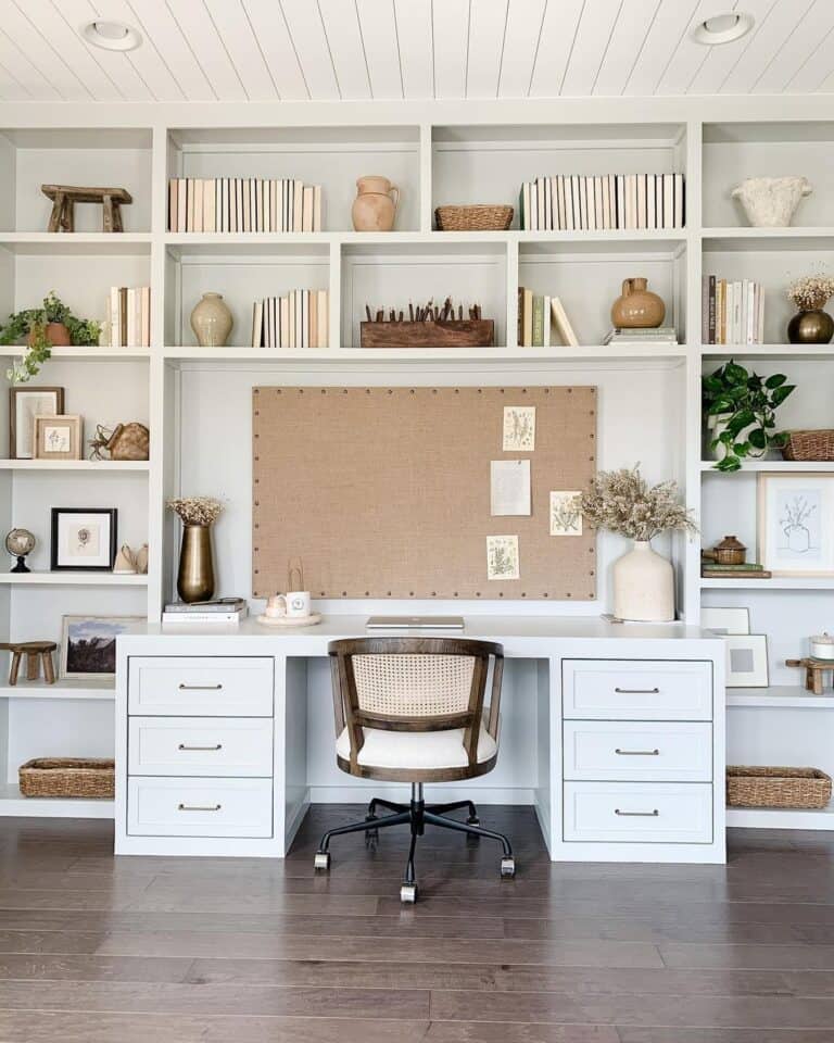 White Shelving Unit and a White Desk With Drawers