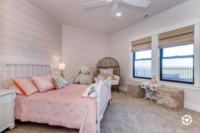 White Shiplap Bedroom with Pink Bedding