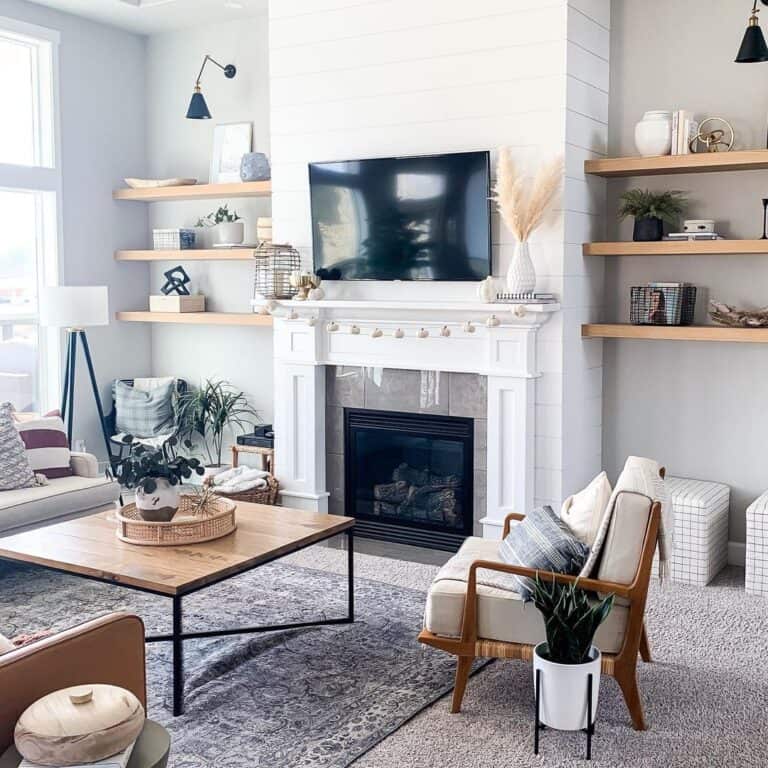 White Shiplap Fireplace Wall in Living Room