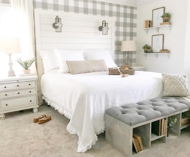 White Shiplap Headboard and Beige Checkered Wall