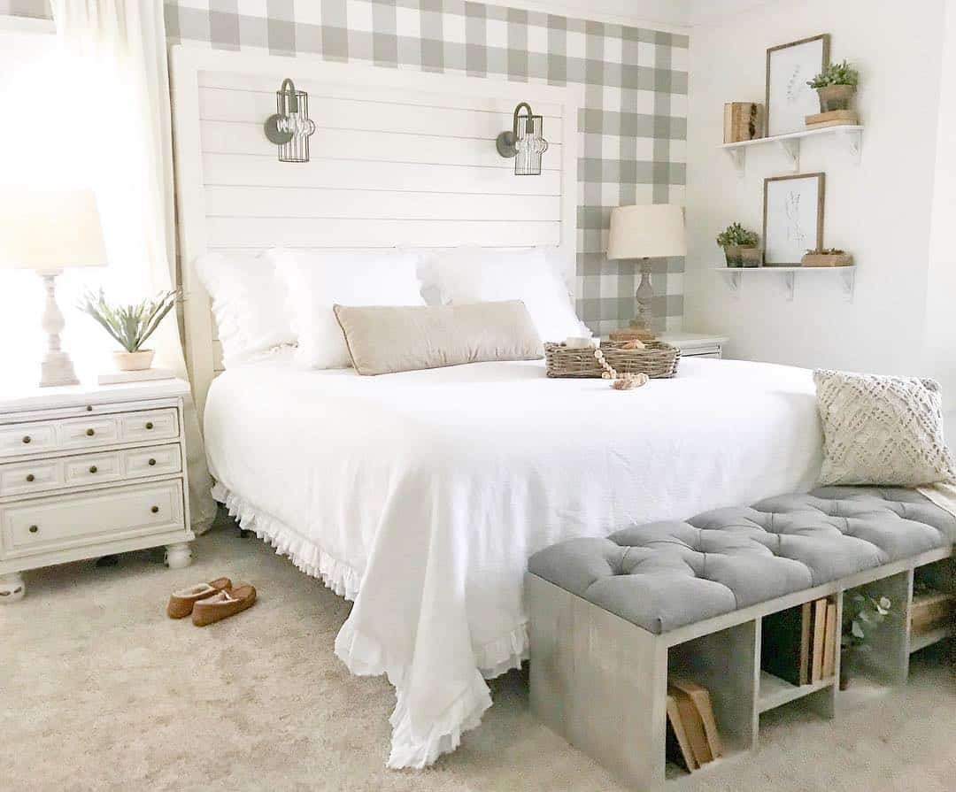 White Shiplap Headboard and Beige Checkered Wall Soul & Lane