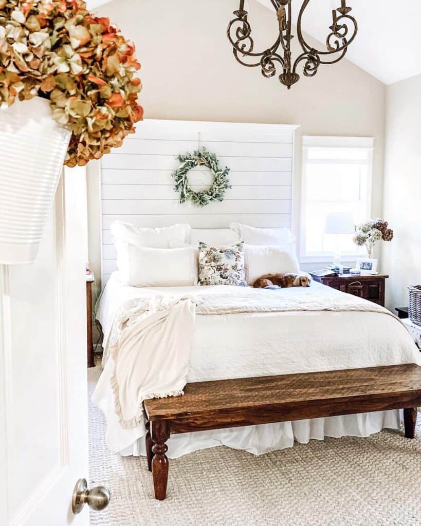 White Shiplap Headboard in Ivory Bedroom