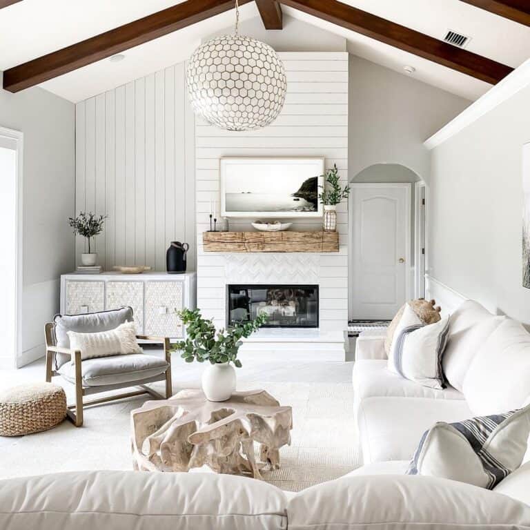 White Shiplap Living Room with Jute Pouf