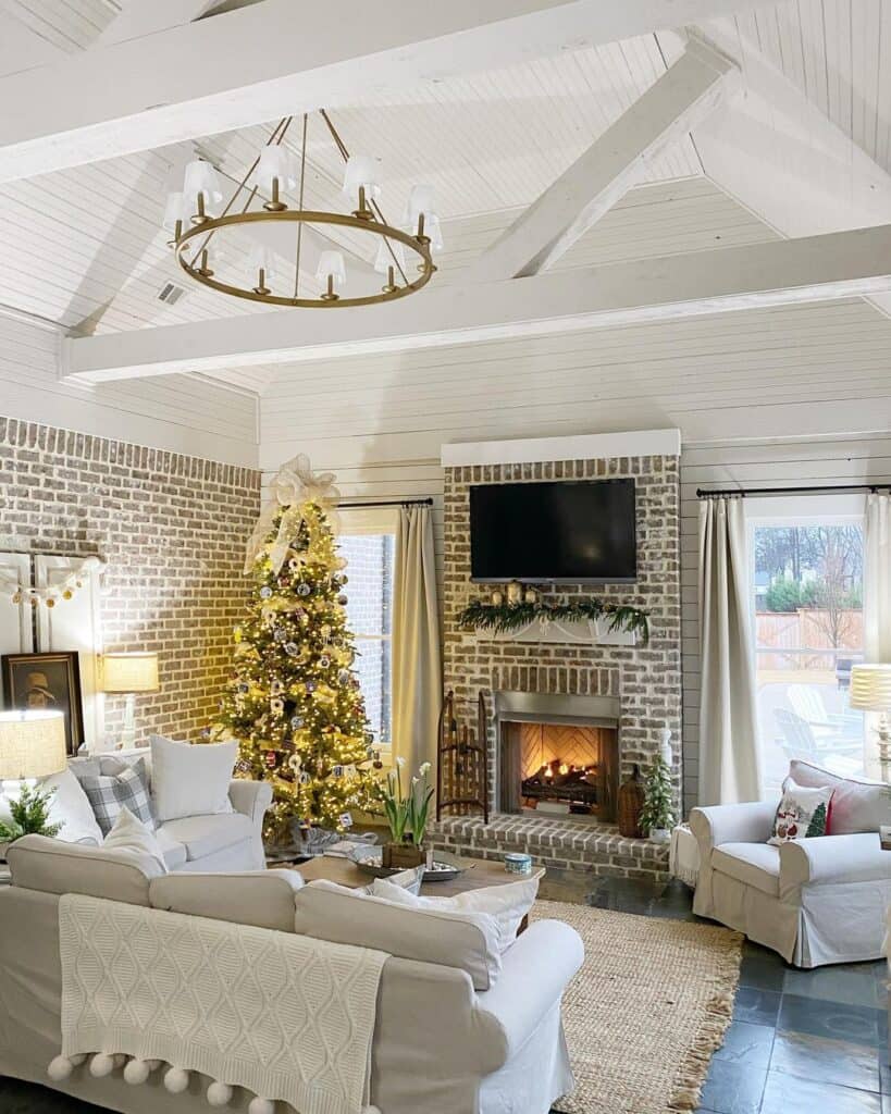White Shiplap Vaulted Ceiling with Round Chandelier