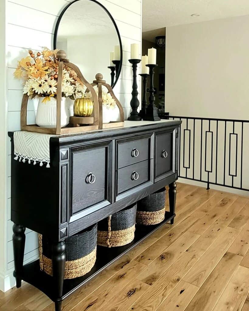 White Shiplap Wall and a Black Sideboard