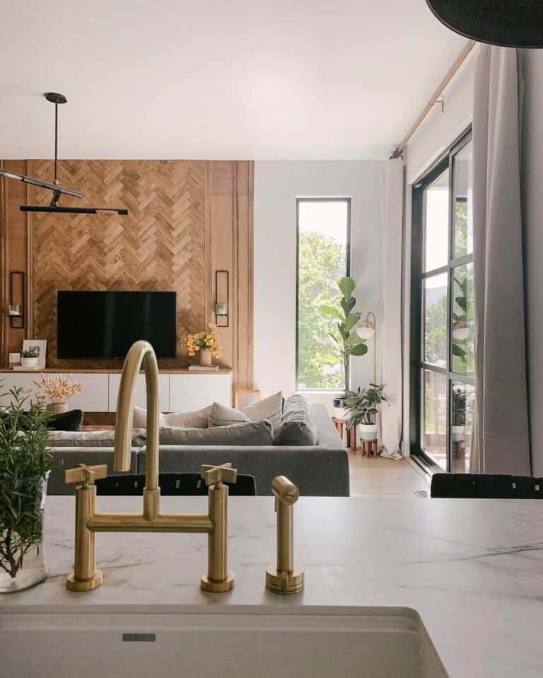 White Sink with Brushed Gold Kitchen Faucet