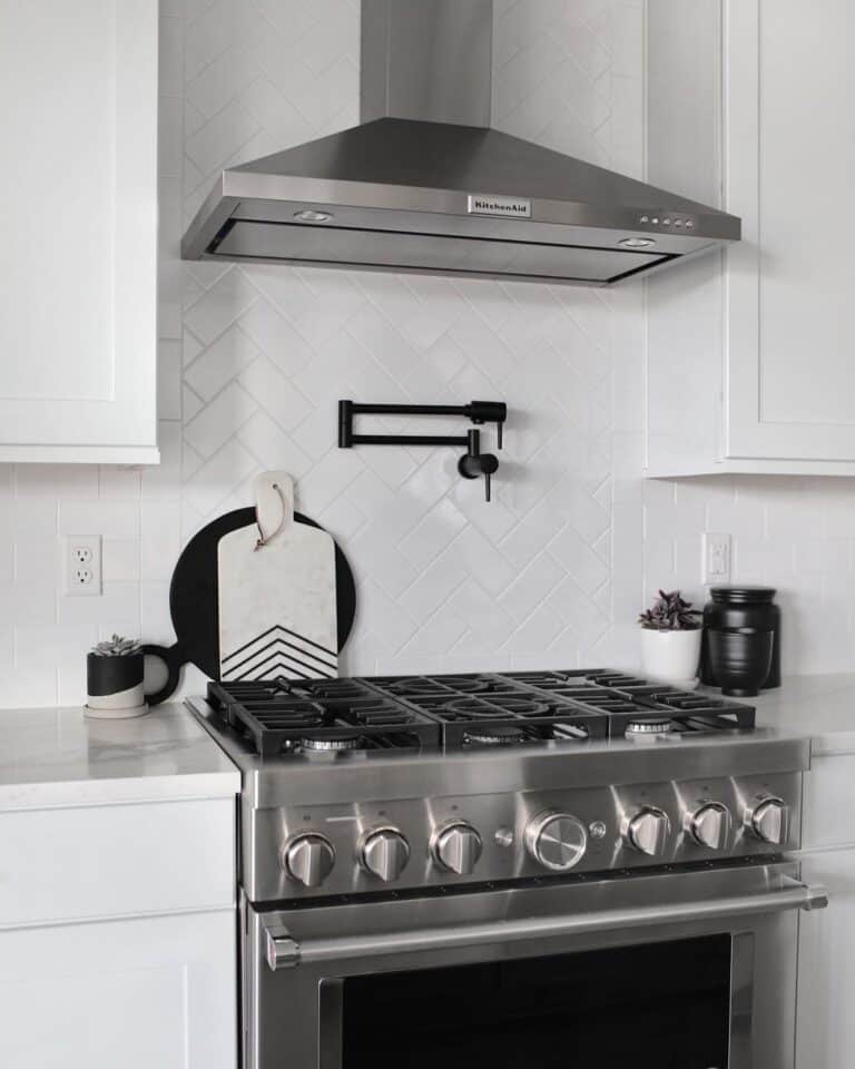 White Subway Herringbone Tile Kitchen Backsplash