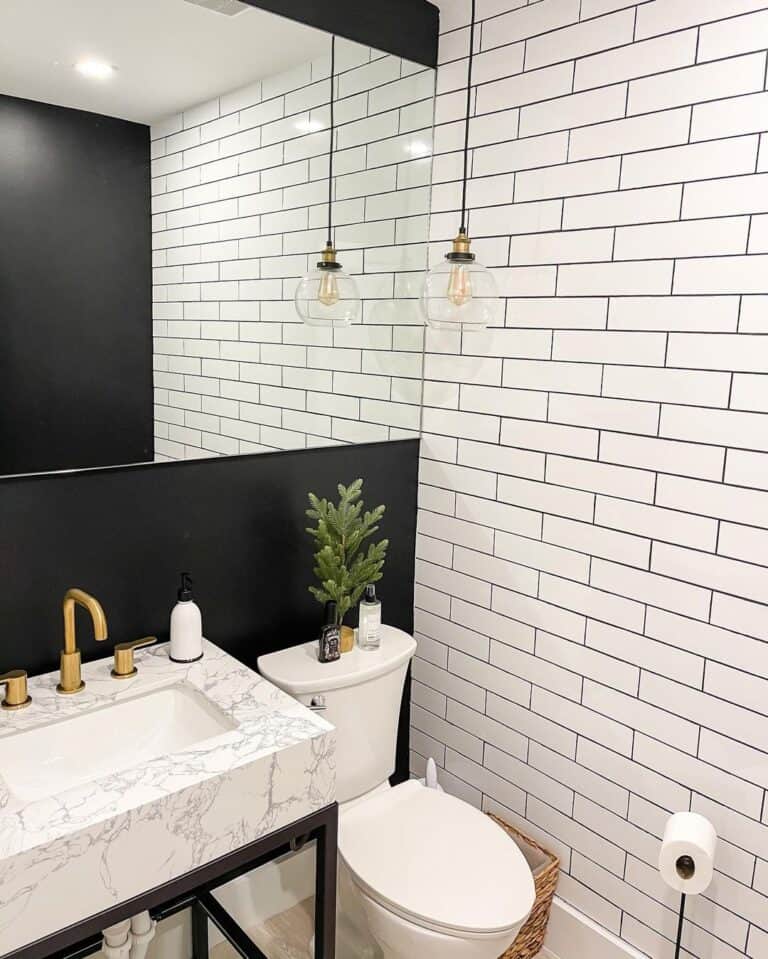 White Subway Tile Accent Wall with Black Grout