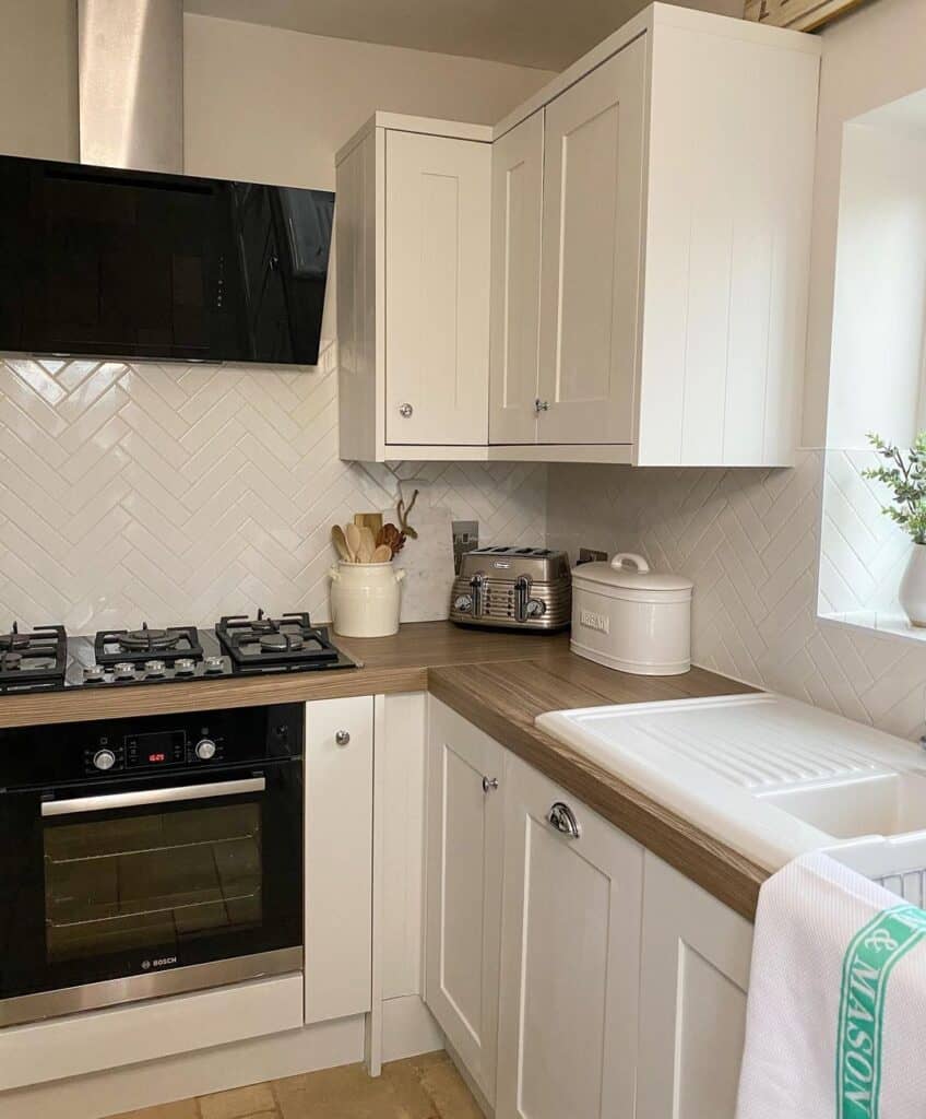 White Subway Tile Herringbone Pattern Backsplash