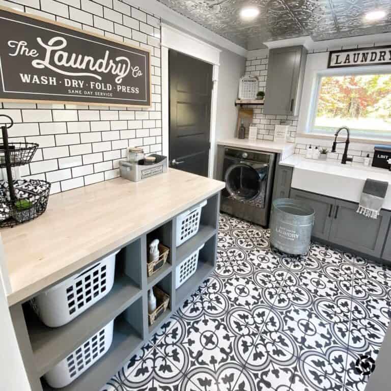 White Subway Tile with Black Grout Laundry Room