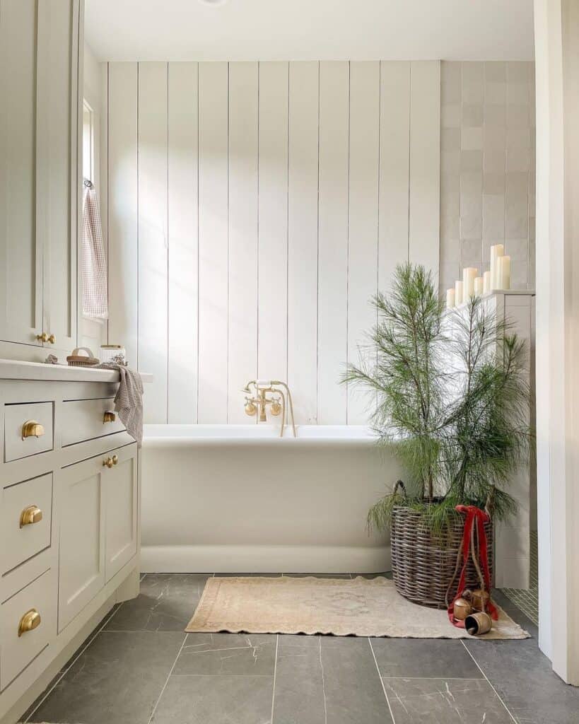 White Vertical Shiplap Bathroom Accent Wall