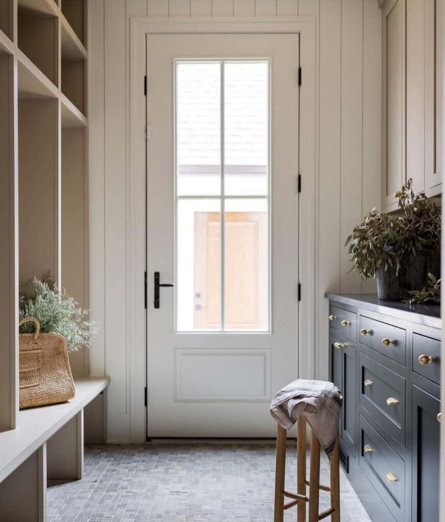 White Vertical Shiplap Mudroom Wall