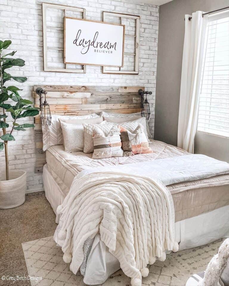 White Wall Decor for a Bedroom on a Brick Wall