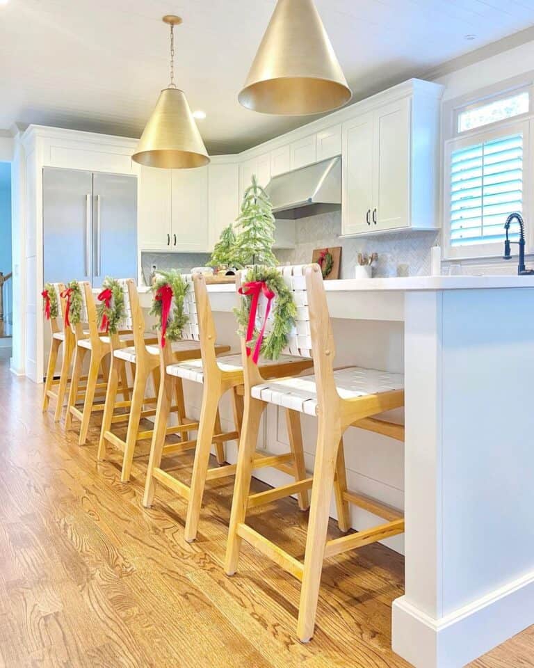 White Woven Counter Stools with Wreaths