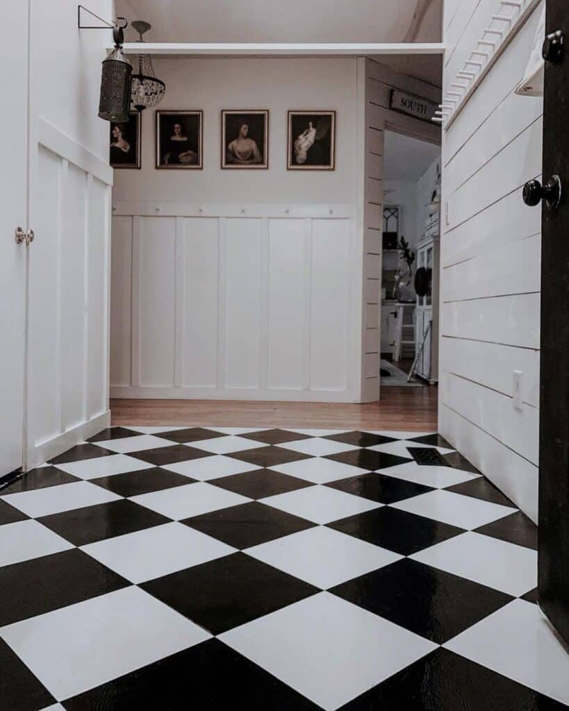White and Black Checkerboard Floor Hallway
