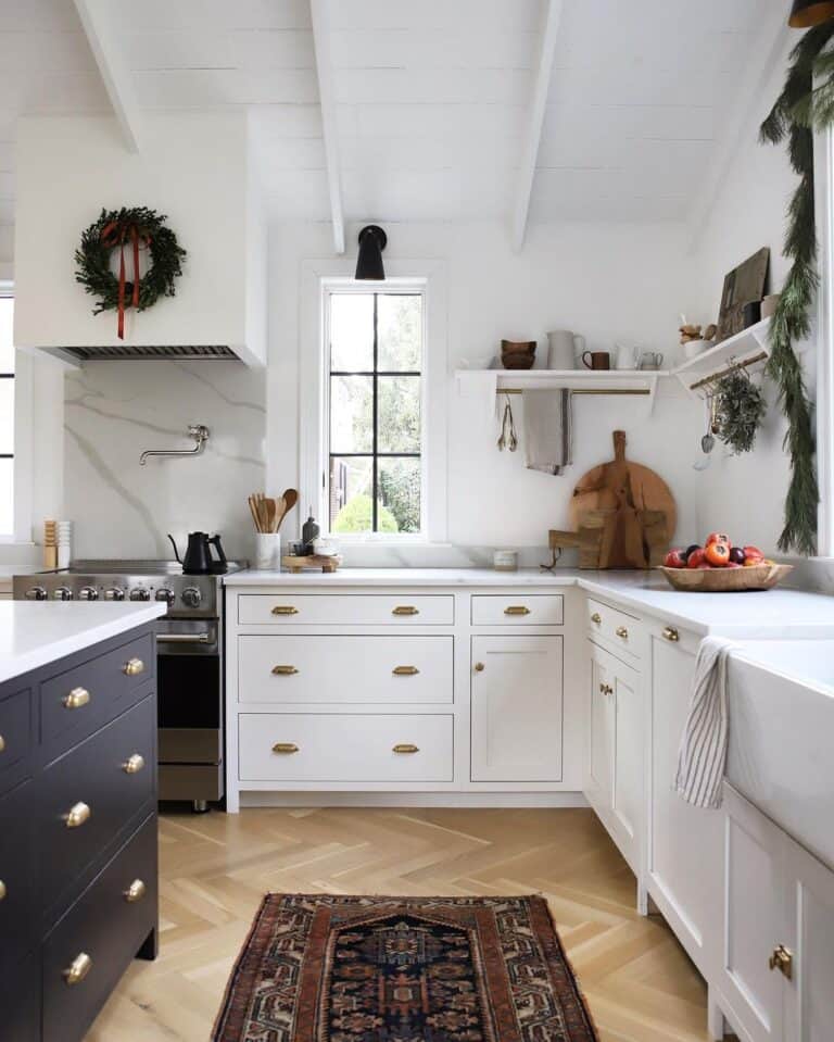 White and Black Kitchen with Gold Drawer Pulls