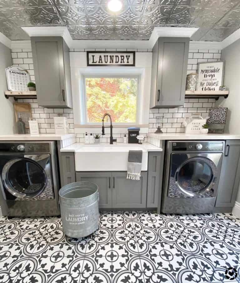 White and Black Mosaic Laundry Room Floor Tile