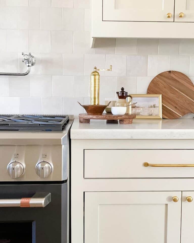 White and Brass Kitchen Decor with Wood Accents