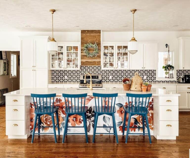 White and Gold Kitchen with Vibrant Accents