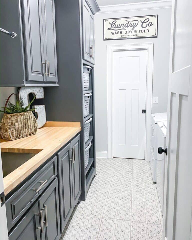 White and Gray Flooring for Laundry Room