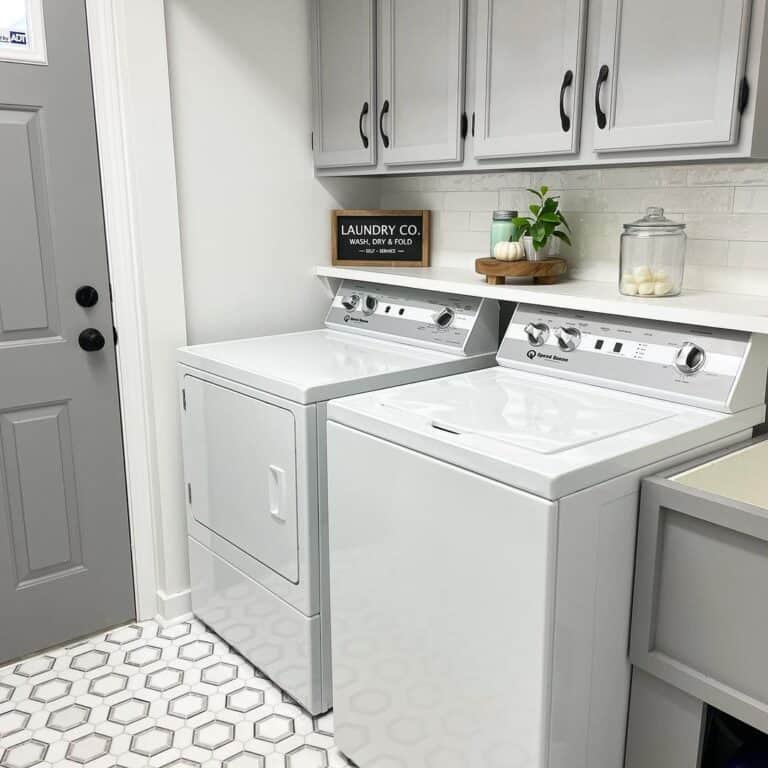 White and Gray Hexagon Laundry Room Flooring