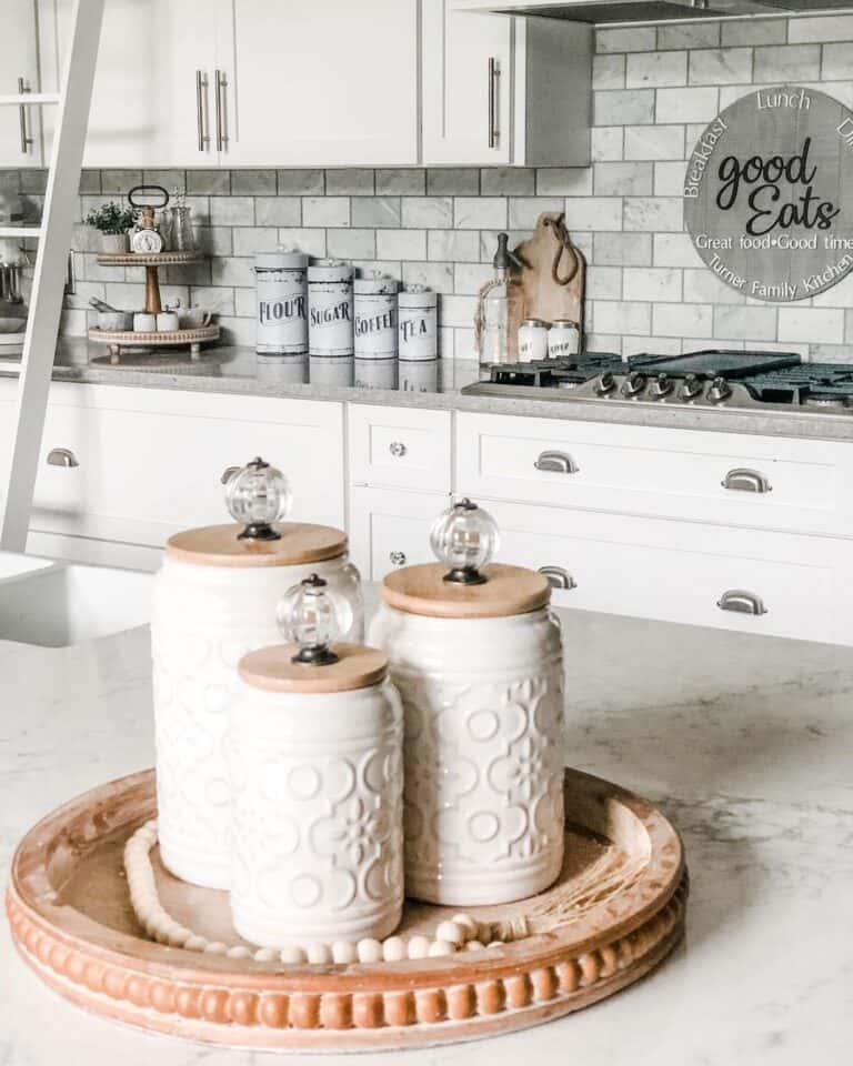 White and Gray Kitchen with Satin Nickel Cup Pulls