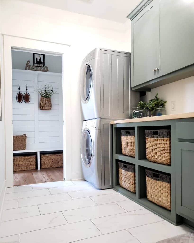 White and Gray Marble Tile Laundry Room Flooring - Soul & Lane