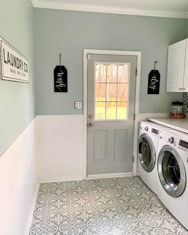 White and Gray Mosaic Flooring in Laundry Room