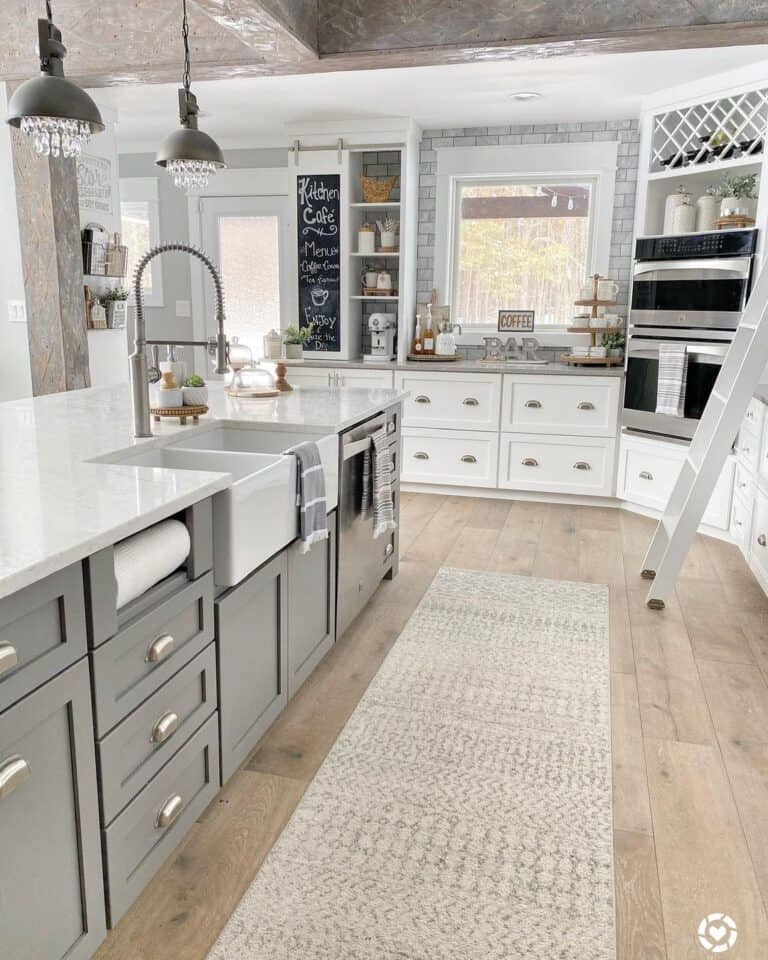 White and Grey Kitchen with Grey Subway Tile