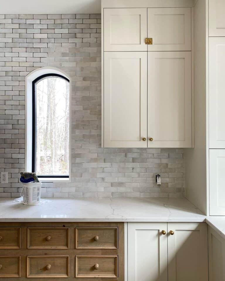 White and Wood Kitchen with Brass Hardware