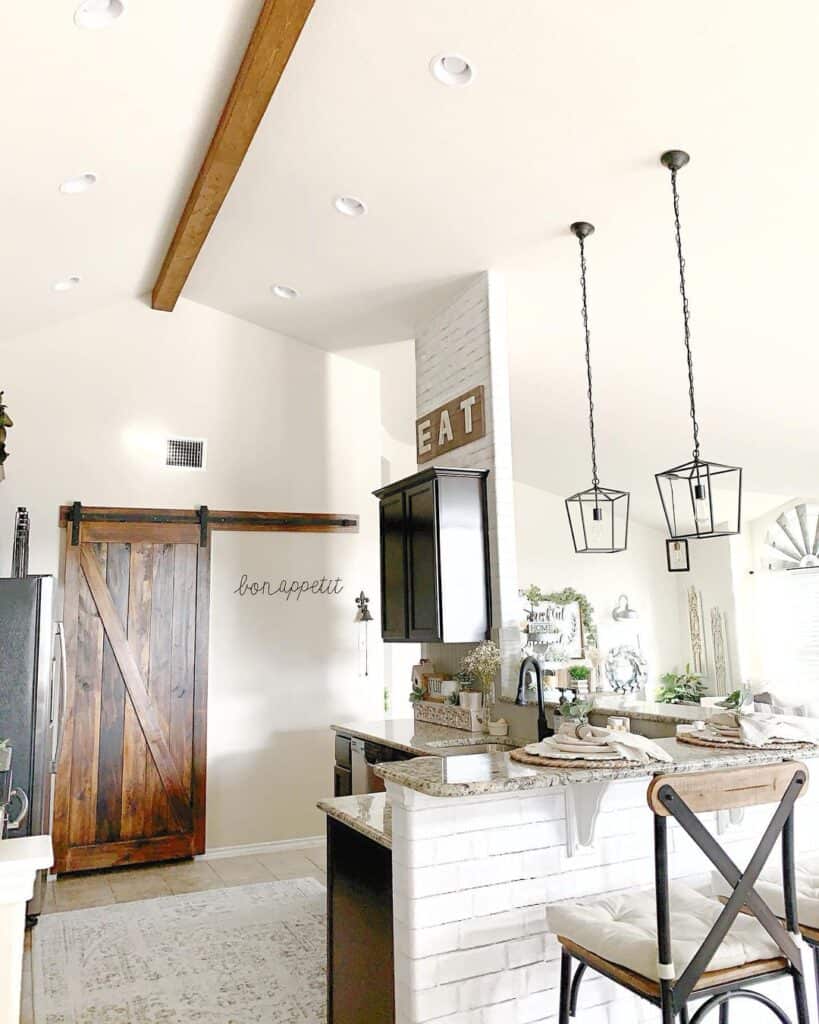 White and Wood Kitchen with Vaulted Ceiling