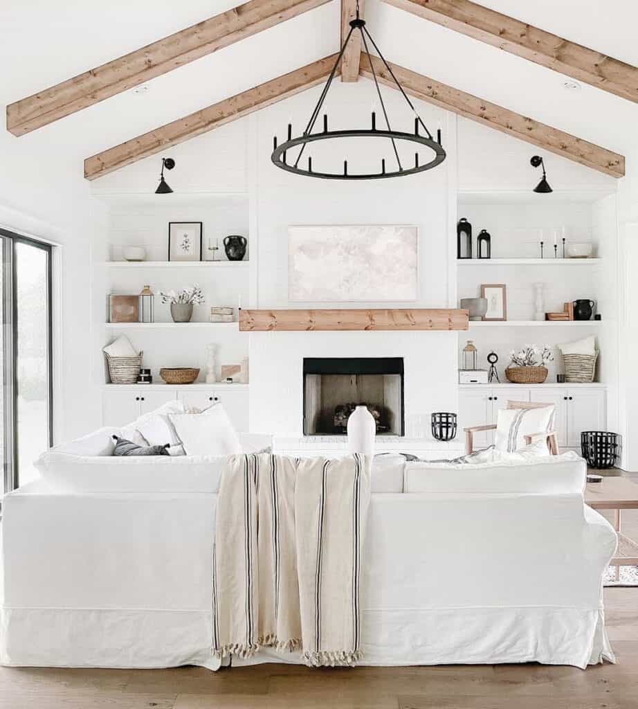 White and Wood Living Room with Vaulted Ceiling